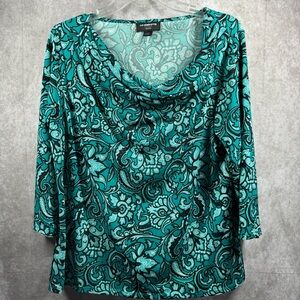 Liz Claiborne Women’s PXL Career Green Black Paisley‎ 3/4 Sleeve Top Drap…